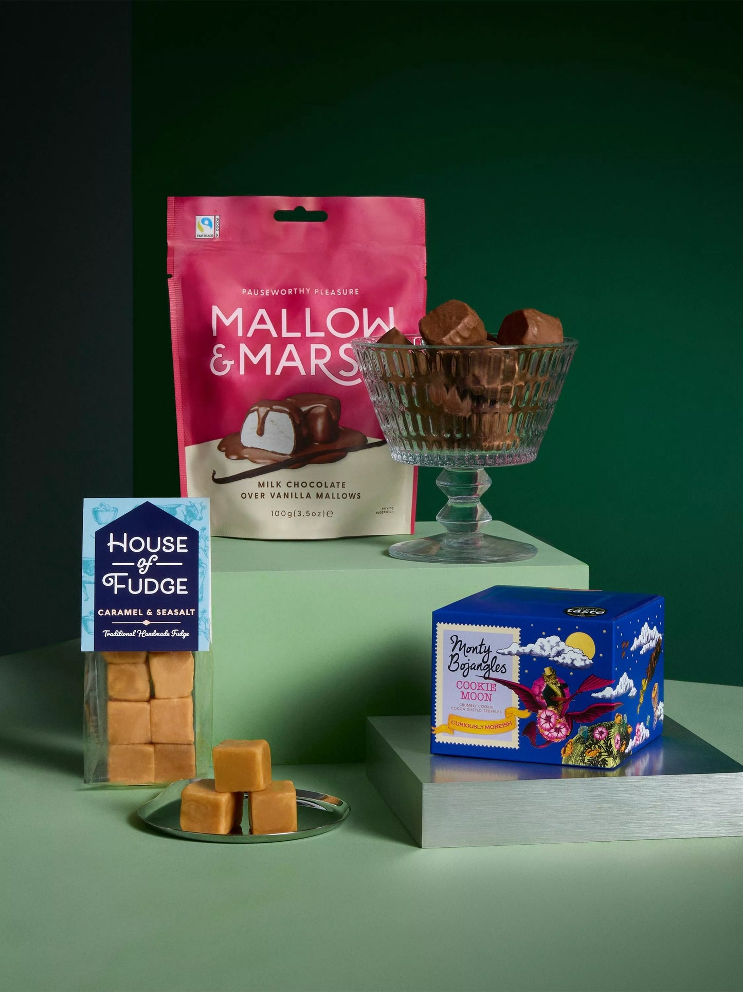 John Lewis Bubbles & Treats Gift Basket - paired with a selection of gourmet sweet treats, House of Fudge Caramel & Sea salt Fudge and Monty Bojangles Cookie Moon Truffles