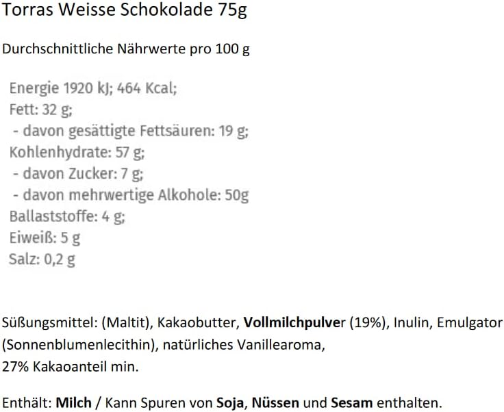 Torras No Added Sugar White Chocolate Bar, 75 Grams - Chocolate Gifts Heaven