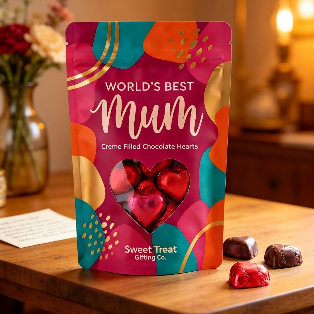 Mother’s Day Chocolate Gift for Mum – 190g Red Foiled Creme Filled Chocolate Hearts – World’s Best Mum Pouch – Mothers Day Gifts, Chocolate for Mum, Birthday Gifts for Mum
