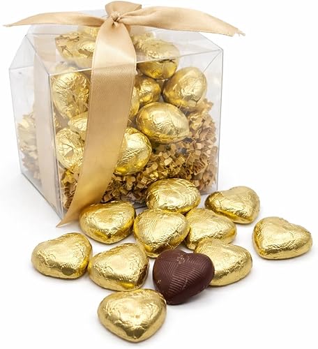 Chocolate Gift Box Premium Milk Chocolate Heart Chocolates in Gold Foil Gift Box – 20 Individually Wrapped Hearts – Valentine’s Day, Anniversary, Birthday & Wedding Gift - Love Heart Sweets