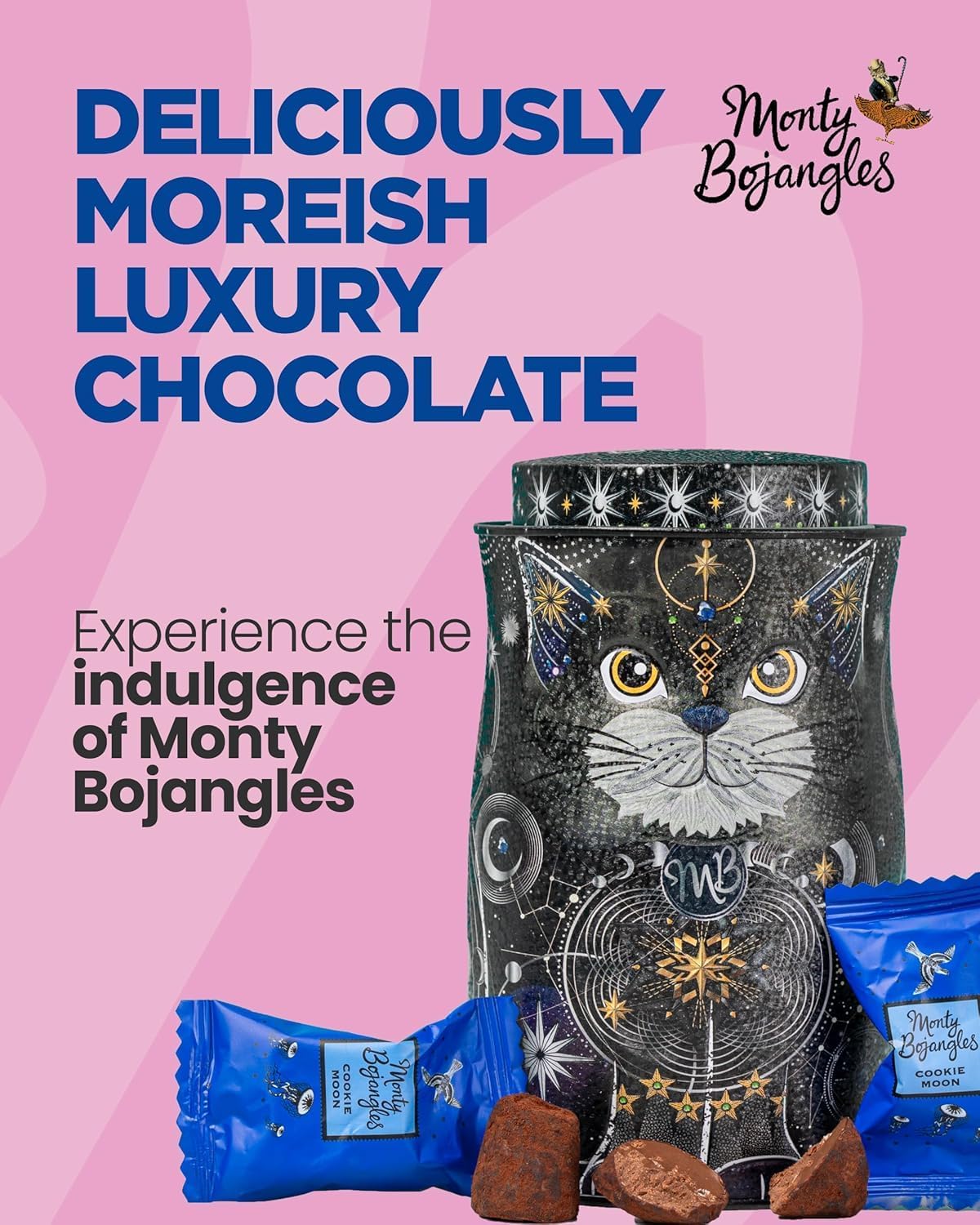 Monty Bojangles Cosmic Blink Cocoa Dusted Chocolate Truffles Cat Tin (135g - Cookie Moon) Flavoured Luxury Chocolatey Truffles - Collectable Cat Tin, Truffles Chocolate Gift Box With Bespoke Design