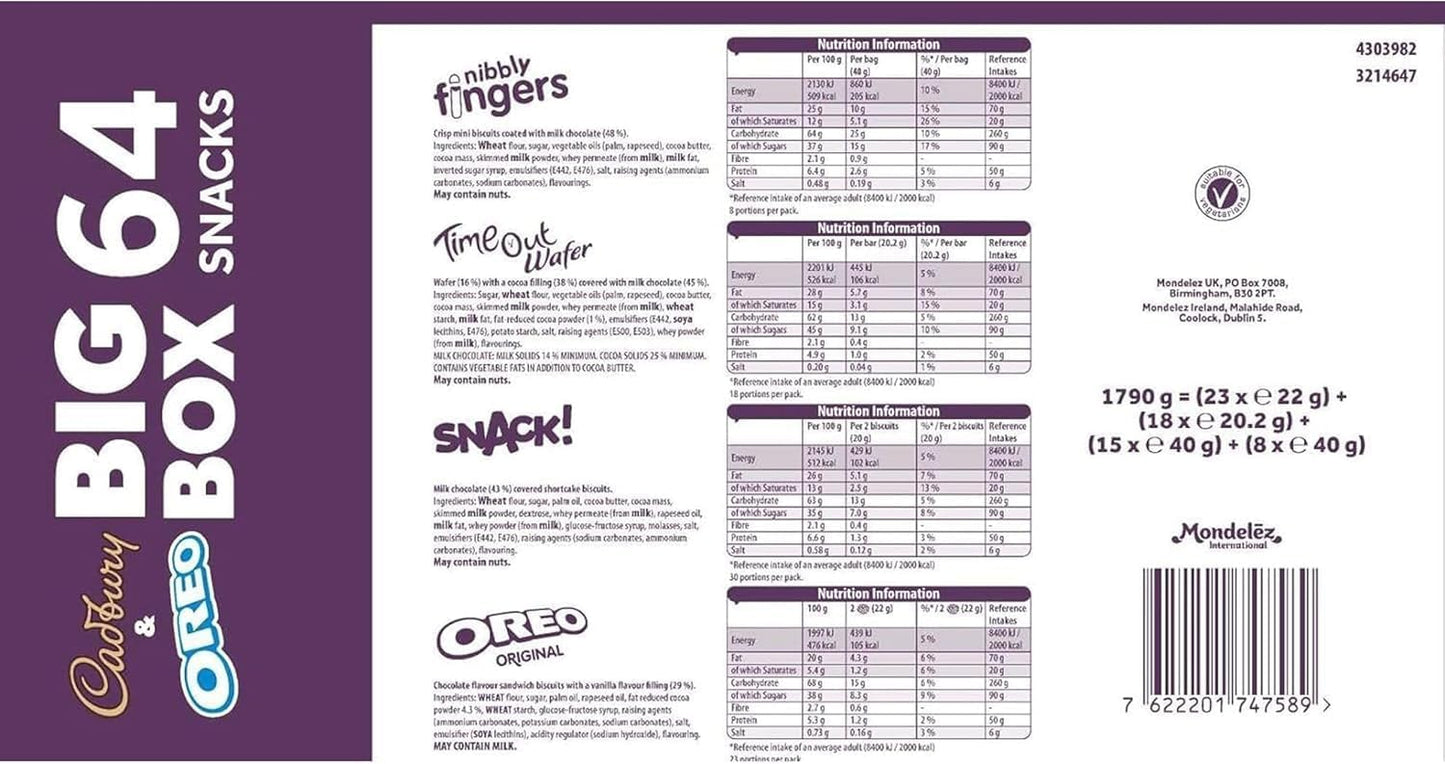 Cadbury & OREO Big Box of Treats, 64 Assorted Chocolates and Snacks, 1618 g (Pack of 1)