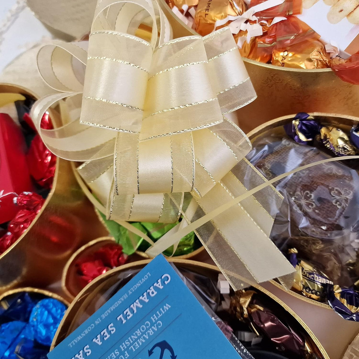 Golden Gift Tower | Giant 50cm 7-Tier Chocolate & Sweets Food Hamper with Truffles, Award-Winning Fudge, Biscuits & Fruit Cake | Large Reusable Gold Boxes