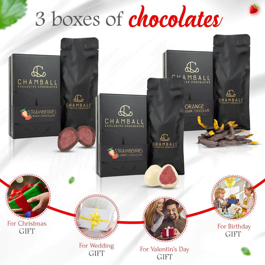 Pack of 3 Boxes of Dark and White Chocolate Bonbons | Strawberries and Candied Orange with Chocolate | Box of Bonbons for Gift Giving | Sweet Gift for Christmas, Valentine's Day, or Mother's Day