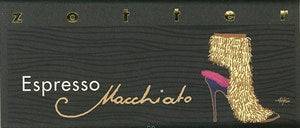 Espresso chocolate bar packaging with a gold foil design on a black background
