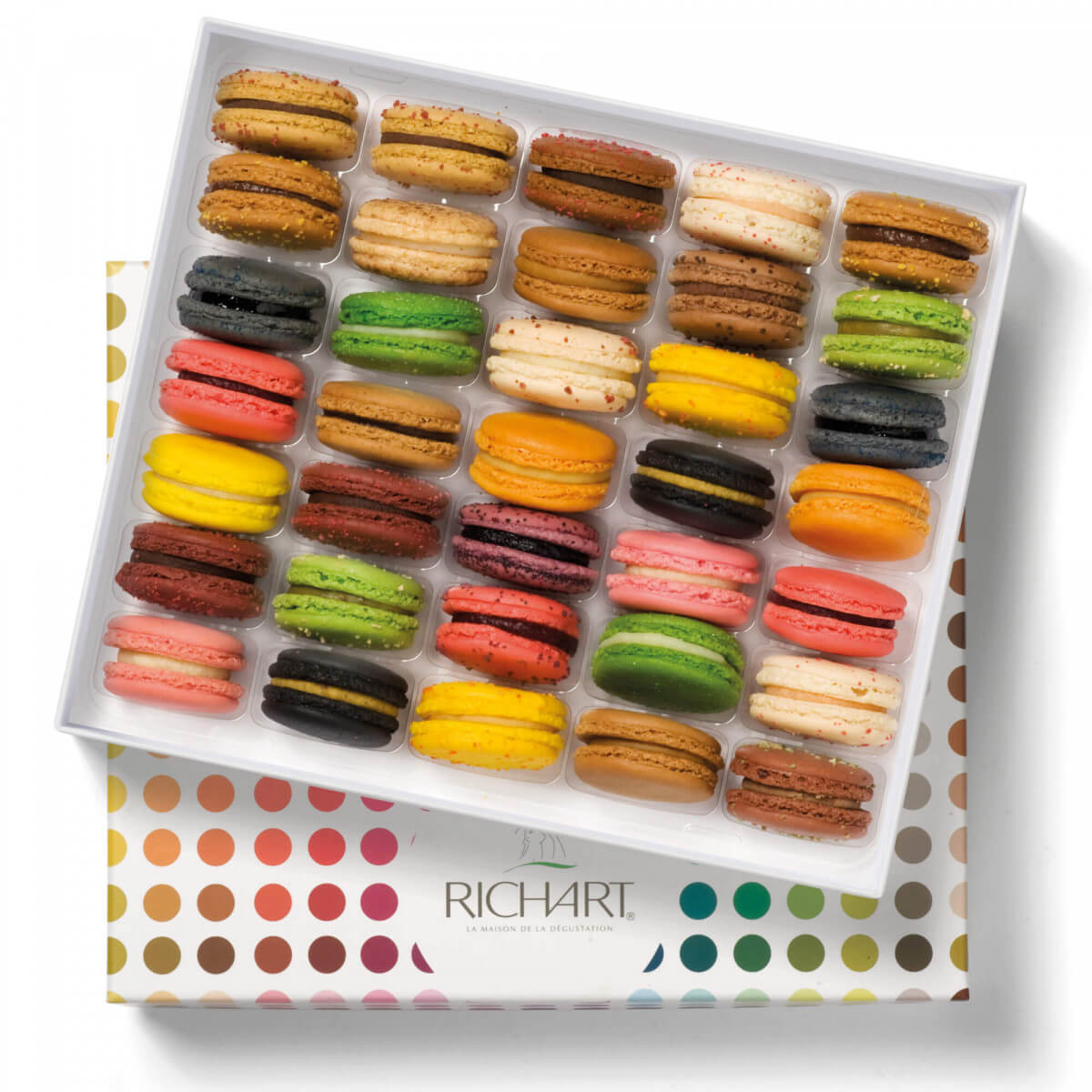 Box of 35 Assorted Macarons Caramel, Pistachio, Orange, Raspberry, Chocolate, Mango, Vanilla, Rose, Coconut, etc. Handmade in France