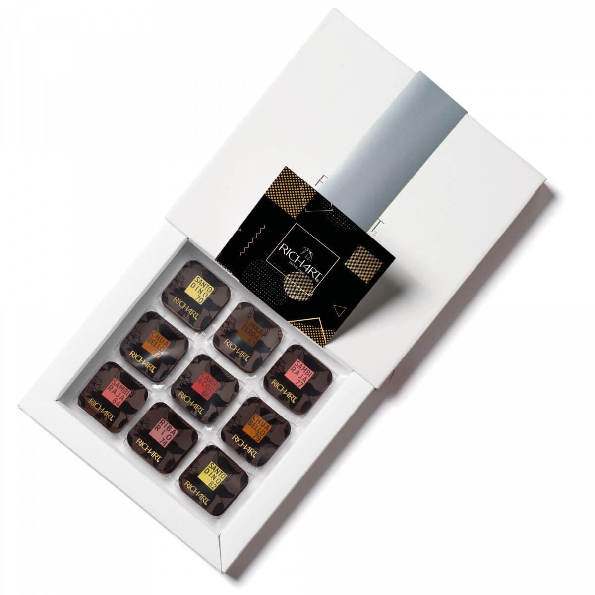 Box of 72 Dark Chocolate Squares. For lovers of solid chocolate, a discovery around the world of cocoa production . Dark Chocolates only.