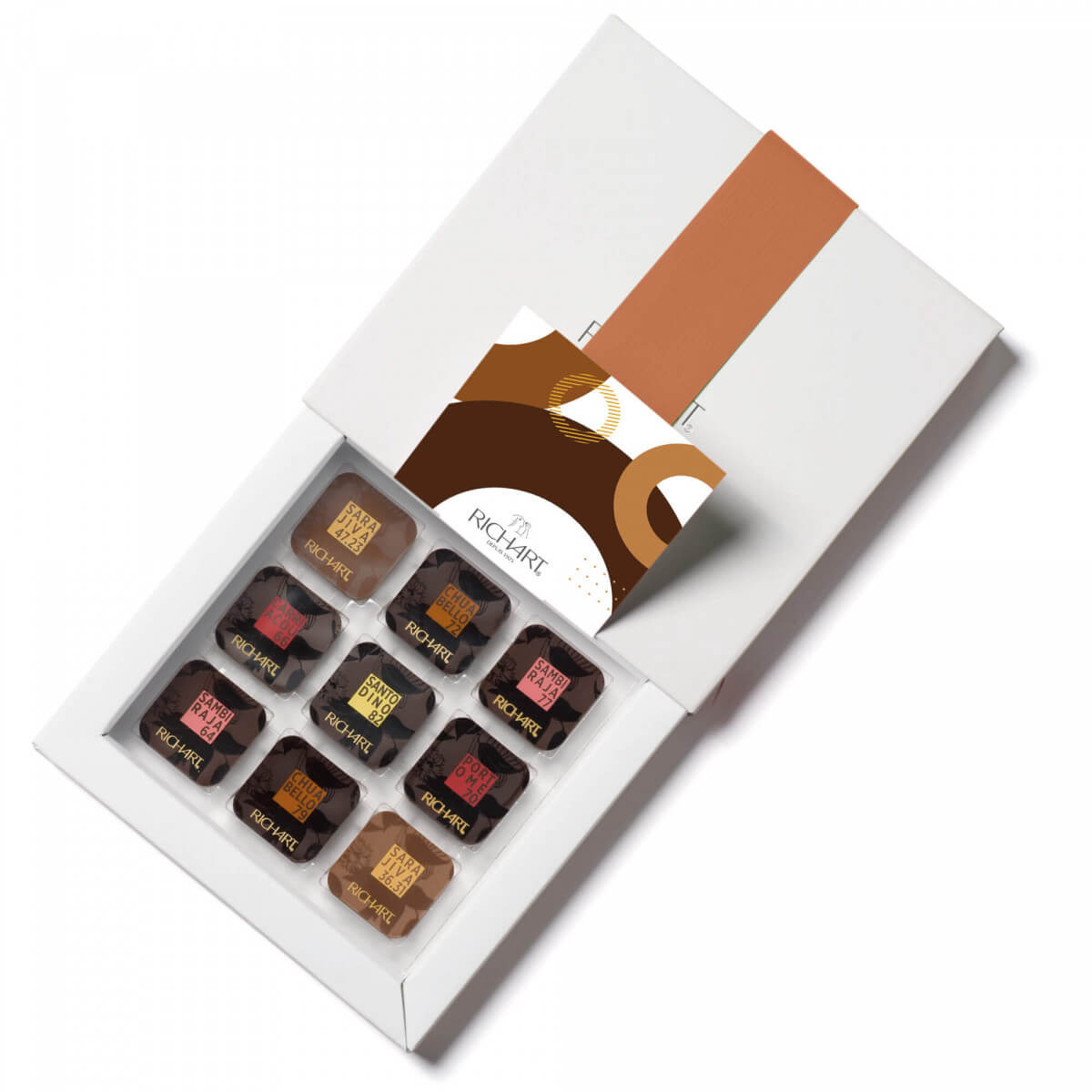 Box of 72 Gourmet Chocolate Squares. Ideal for the lovers of solid Dark and Milk Chocolate. A discovery around the world of cocoa production.
