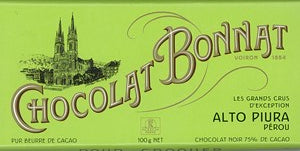 Green chocolate bar packaging with 'Chocolat Bonnat' branding and architectural design elements.