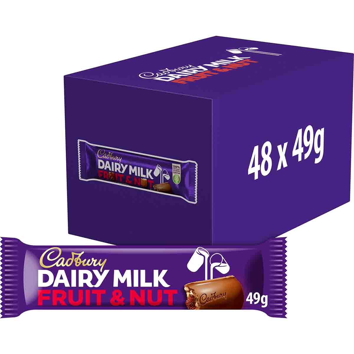 Dairy Milk Fruit & Nut Chocolate Bar 49g (Box of 48) - Chocolate Gifts Heaven