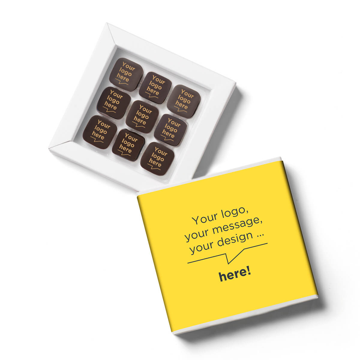 Customizable chocolate corporate gifts Subtle chocolates filled with caramel, personalized with your logo, in a personalized box