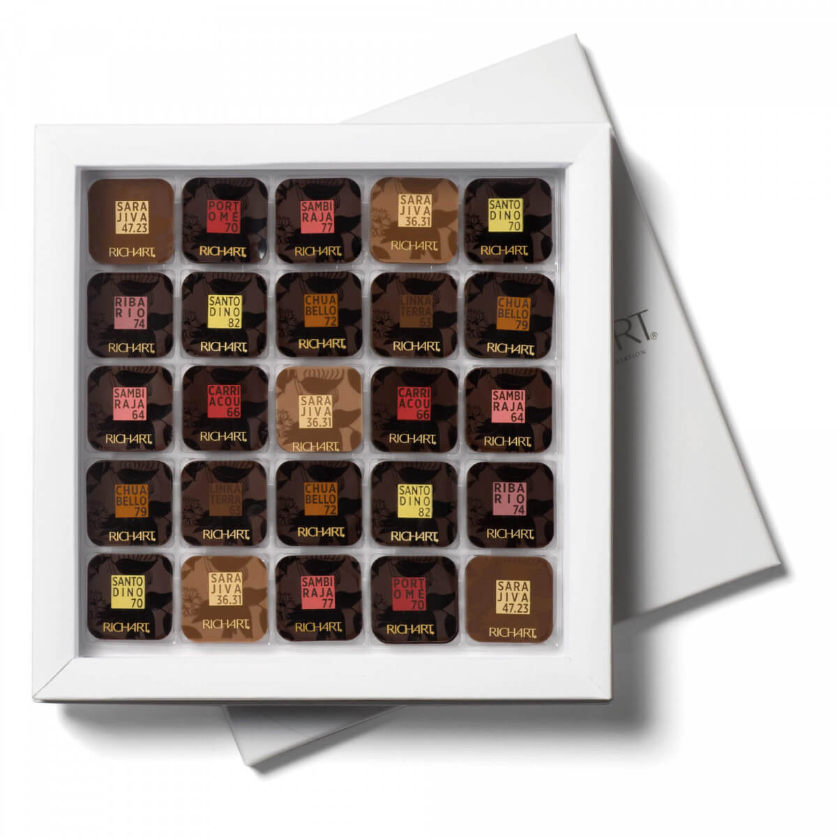 Box of 100 Dark and Milk Chocolates squares. A journey to discover around the world of cocoa production. Gourmet French Chocolates.