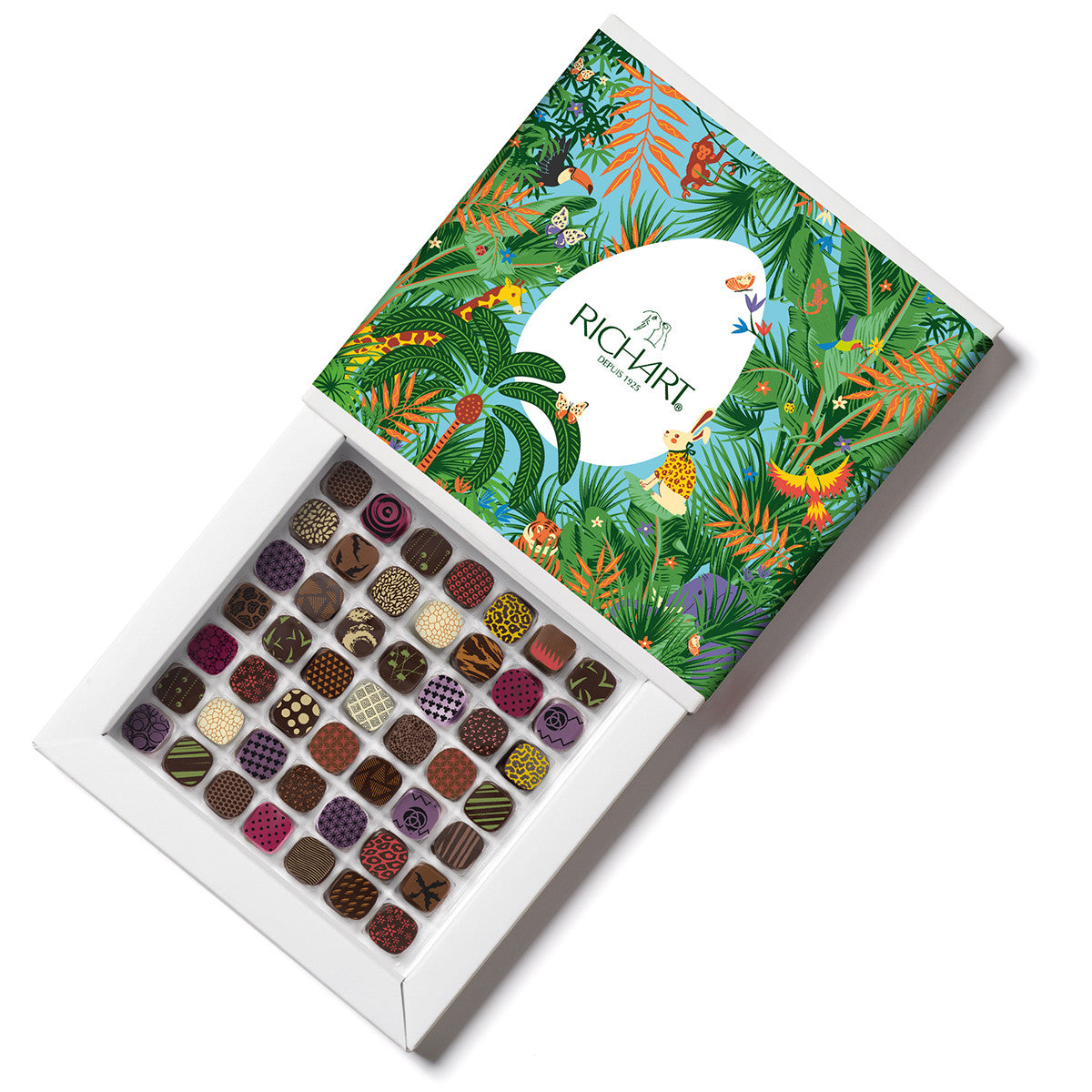 Easter gift box, 49 chocolates. High-end gourmet chocolates presented in an elegant ballotin.