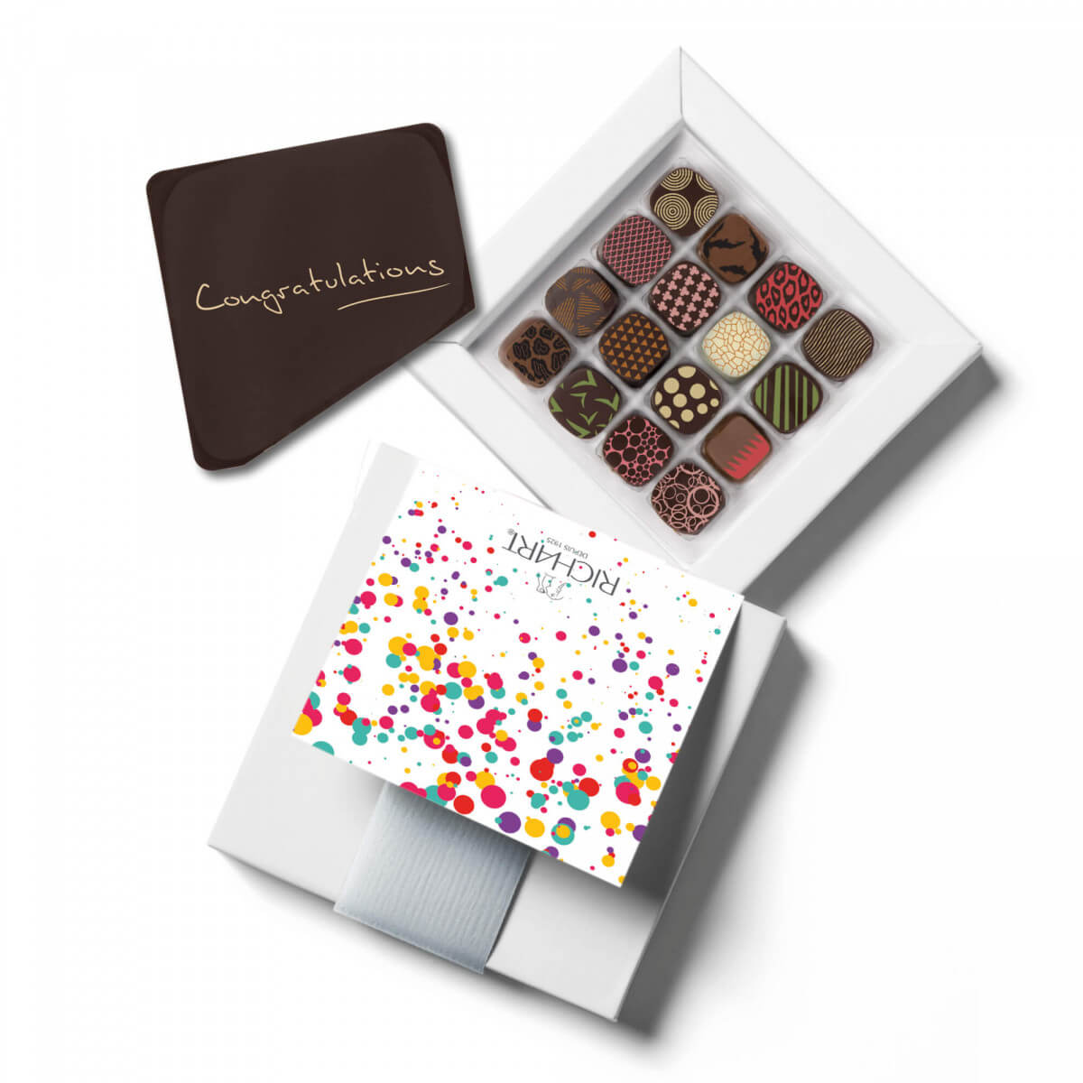 Congratulations Chocolate Gift Box 16 filled Chocolates+ 1 Chocolate Message Card "Congratulations". Gourmet French Chocolates. Handmade.