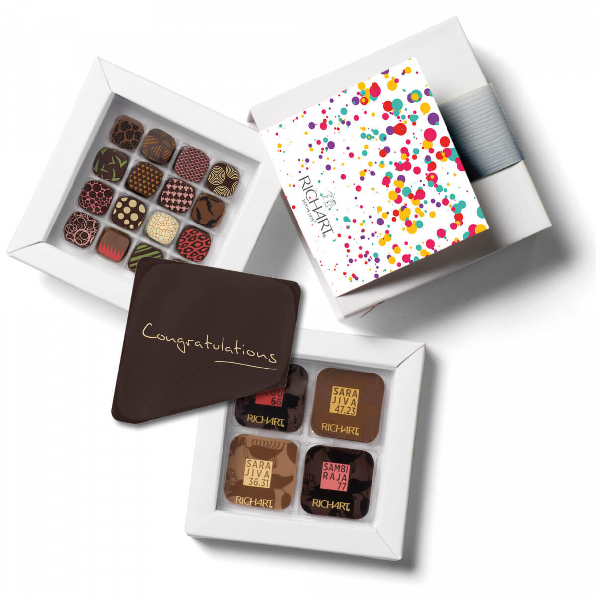 Congratulations Chocolate Box 16 Petits RICHART filled chocolates + 16 chocolate squares + 1 dark chocolate "Congratulations!" message card