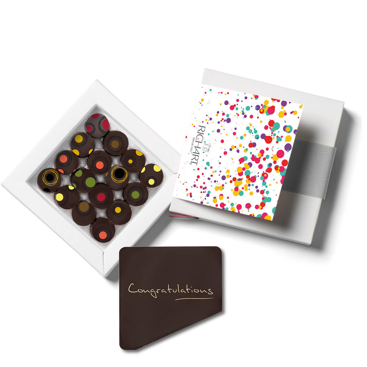 Congratulations Chocolate Box 16 Infuze filled chocolates + 1 Dark Chocolate "Congratulations!" message card. French Luxury Chocolates.
