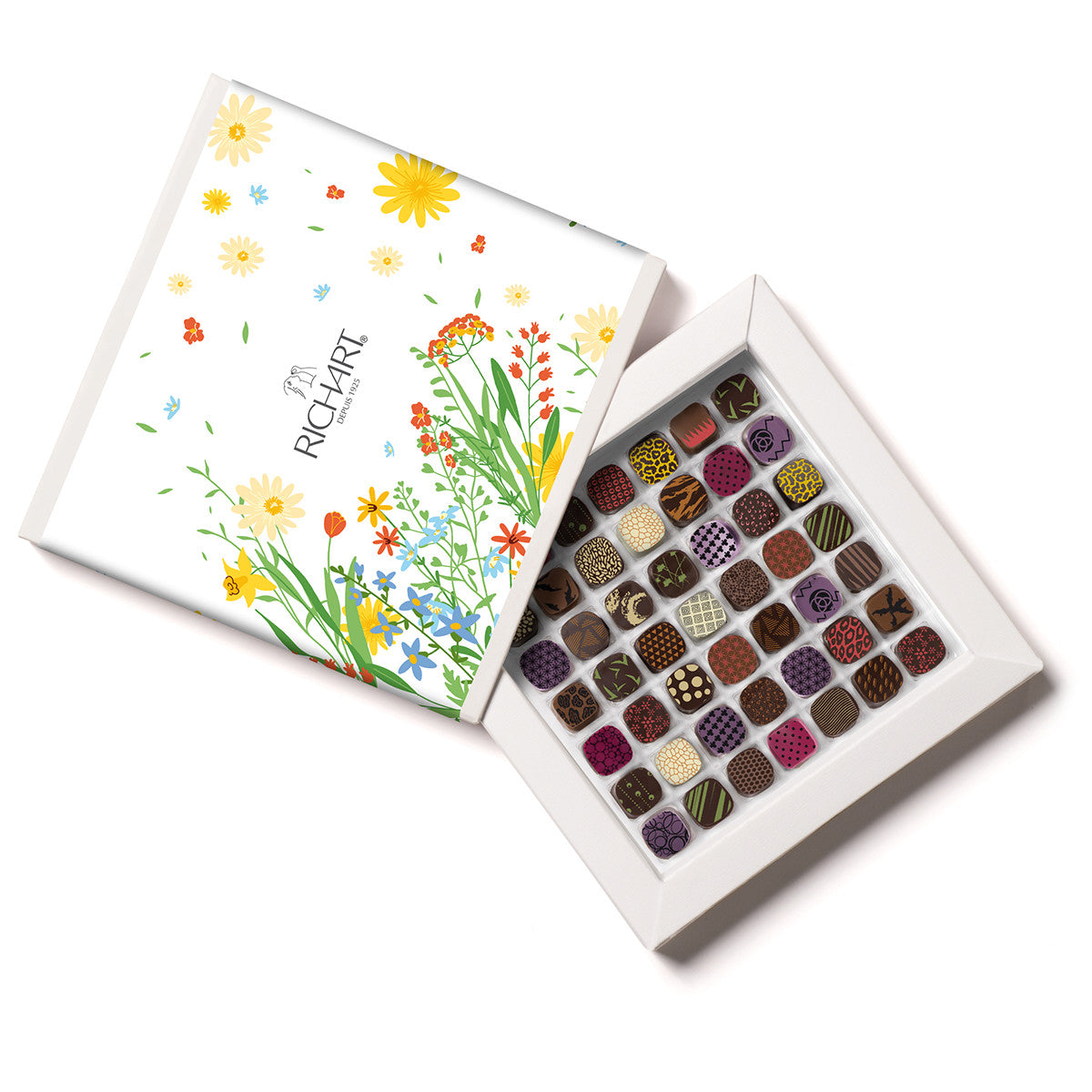 Springtime box, 49 chocolates. High-end gourmet chocolates presented in an elegant ballotin.