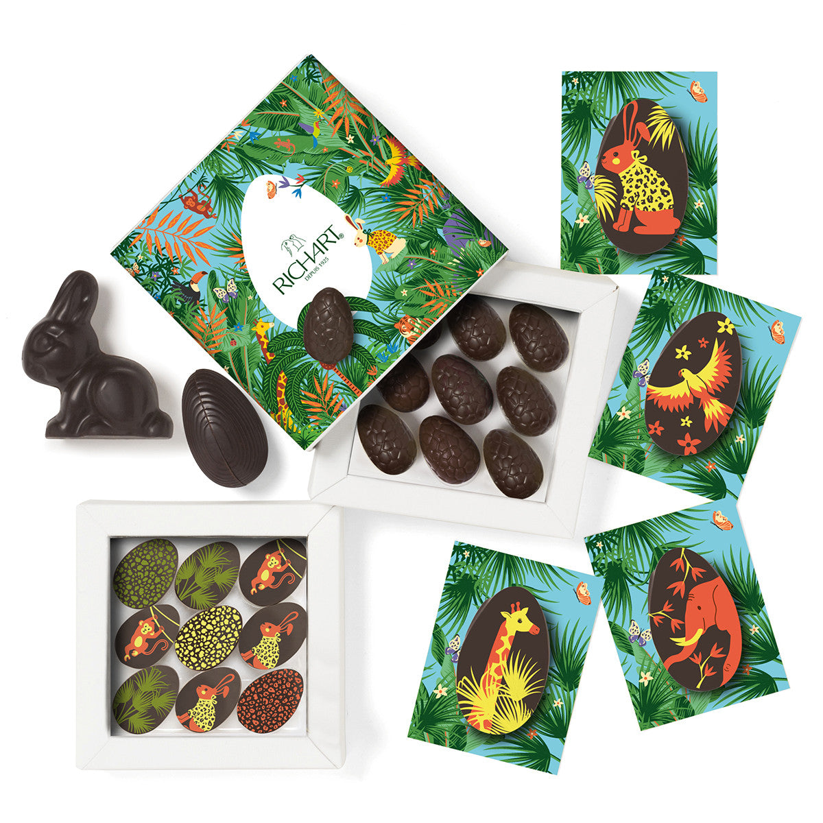 Easter basket, 9 half-eggs, 10 filled eggs, 4 morsels and 1 filled rabbit. Gourmet treats for lovers of dark chocolate.