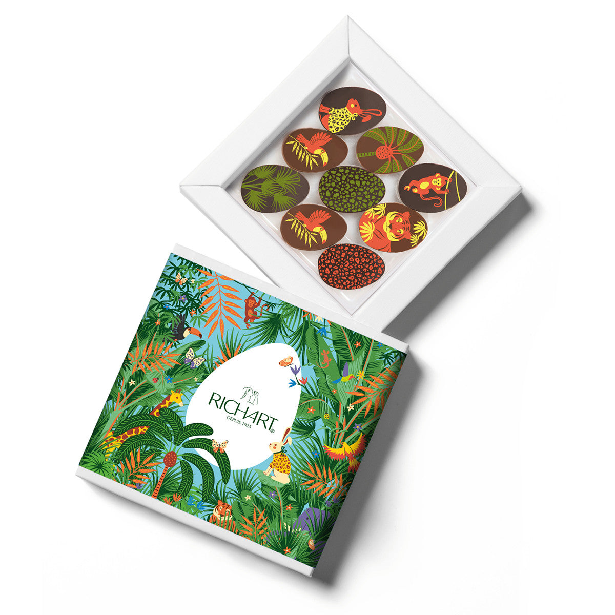 Easter gift box, 9 filled chocolate half-eggs. High-end gourmet chocolates presented in an elegant gift box.