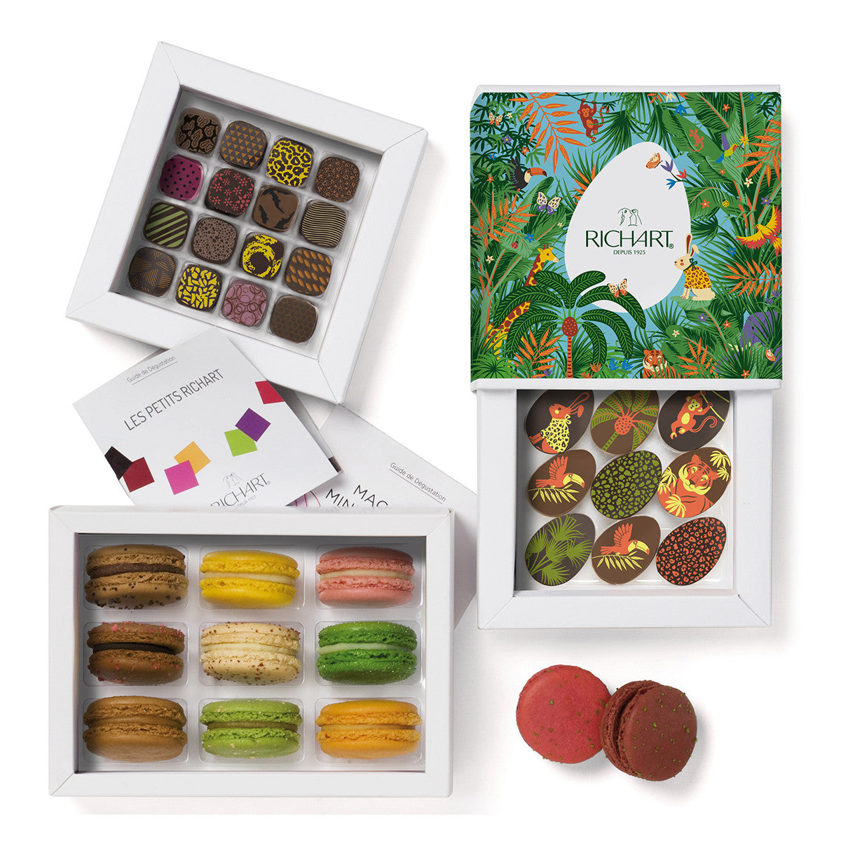 Easter basket, 9 half-eggs, 16 filled chocolates and 9 macarons. Gourmet products in a refined ballotin.