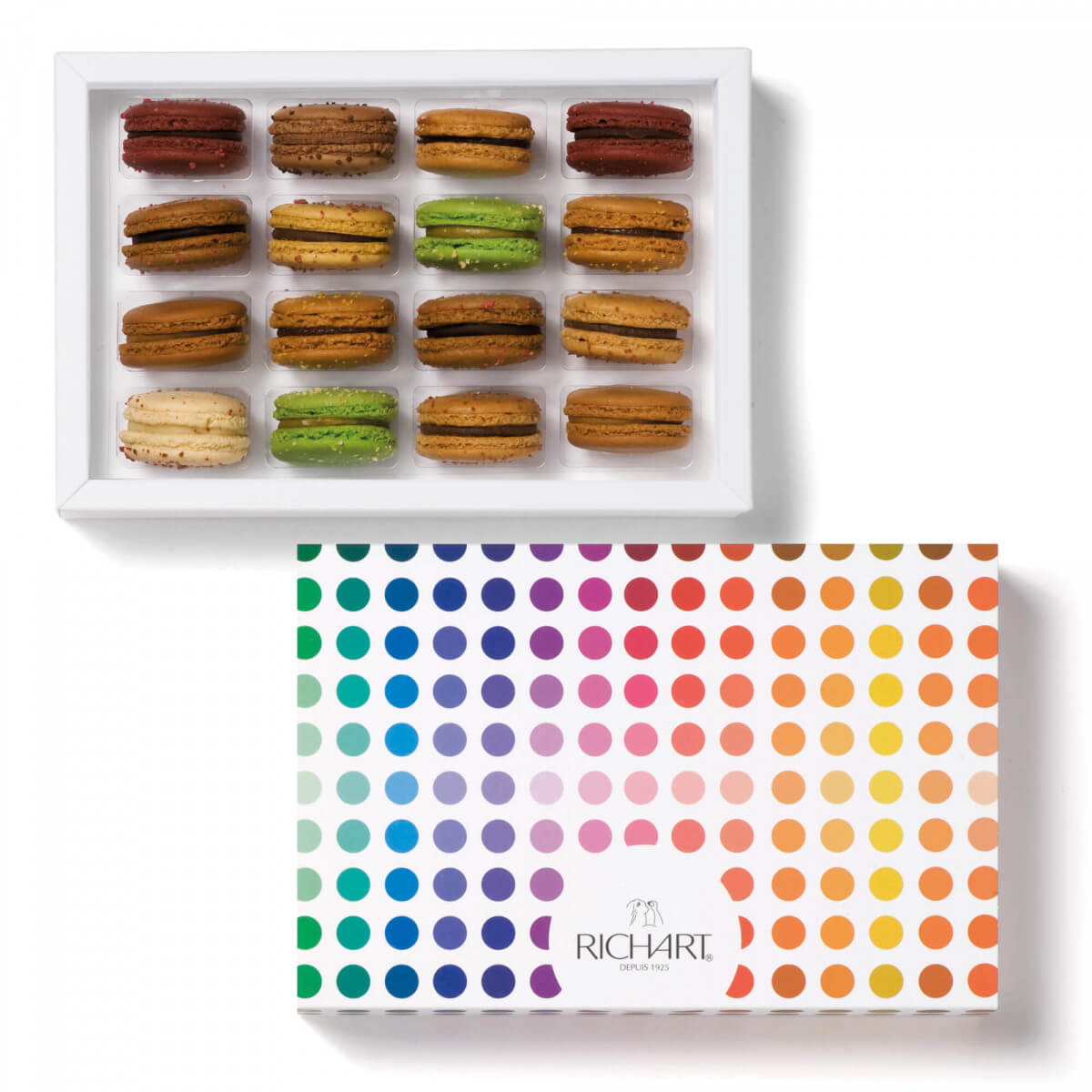 Box of 16 Gourmet Macarons. Hazelnut, Pistachio, Chocolate, vanilla, speculosetc. French Handmade Pastries.
