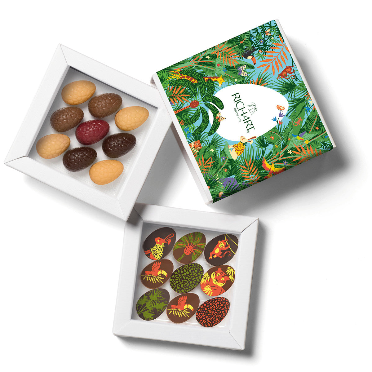 Easter gift box, 9 half-eggs and 9 filled chocolate eggs. High-end gourmet chocolates presented in an elegant gift box.