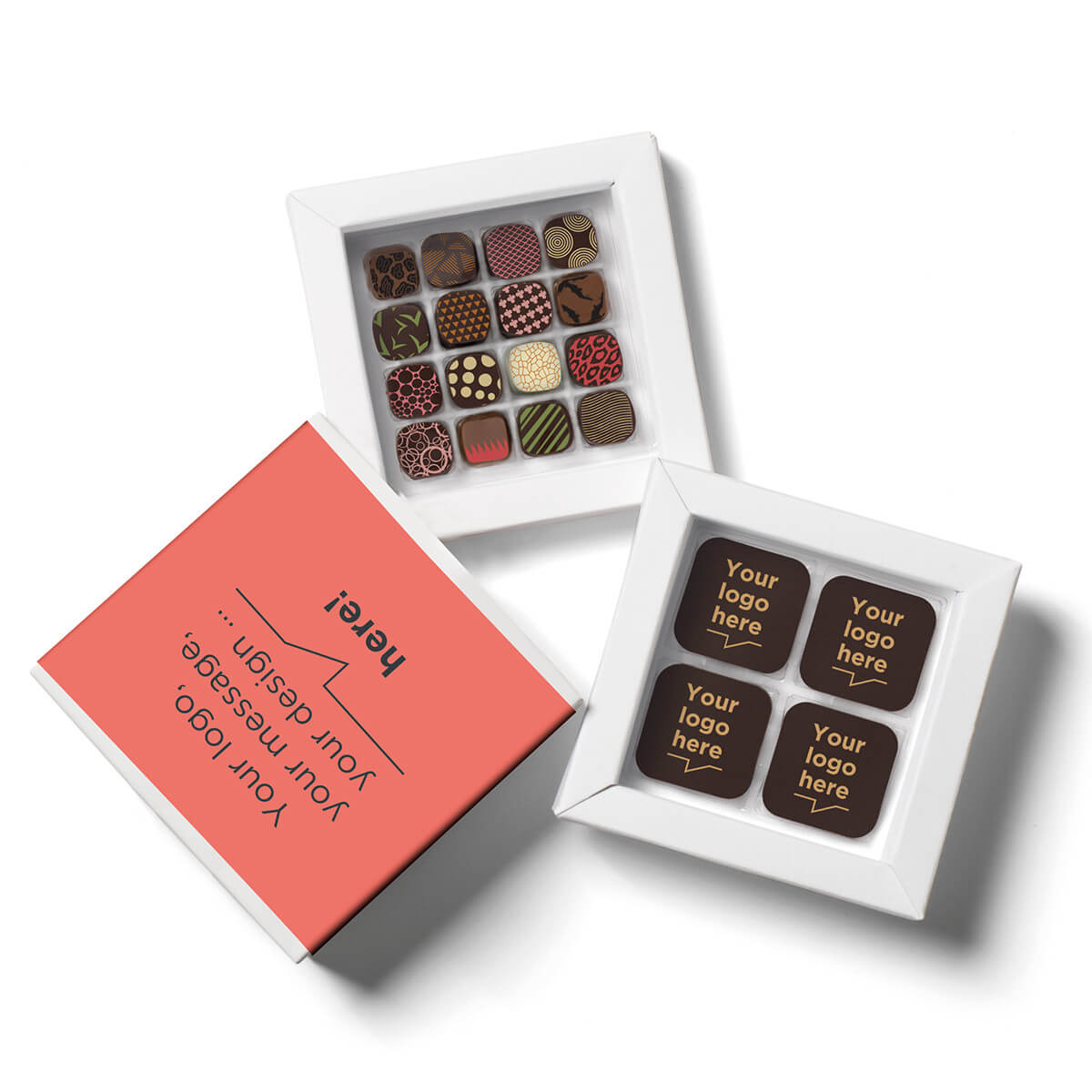 Customizable chocolate corporate gifts Chocolate squares personalized with your logo, in a personalized box and gourmet chocolates
