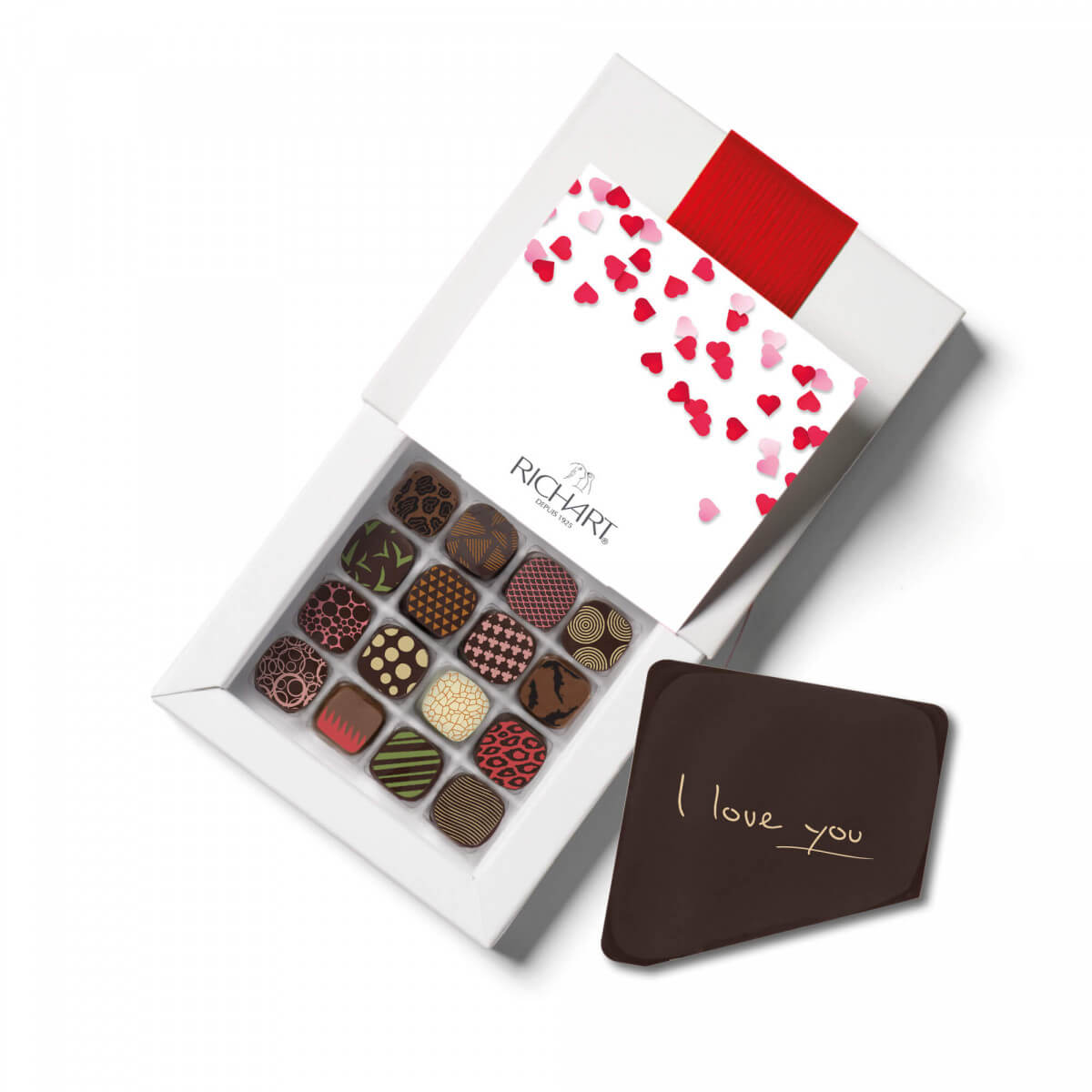 I Love You Chocolate Box 16 filled Chocolates + 1 "I Love You" dark chocolate message card. Gourmet French Chocolates.