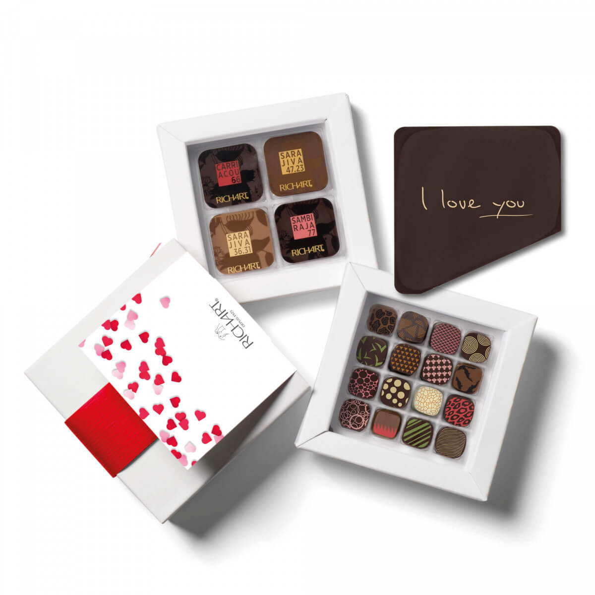 Chocolate Box "I Love You" 32 chocolates filled and plain + 1 chocolate card "I Love you". Creation of the French Chocolatier Richart.