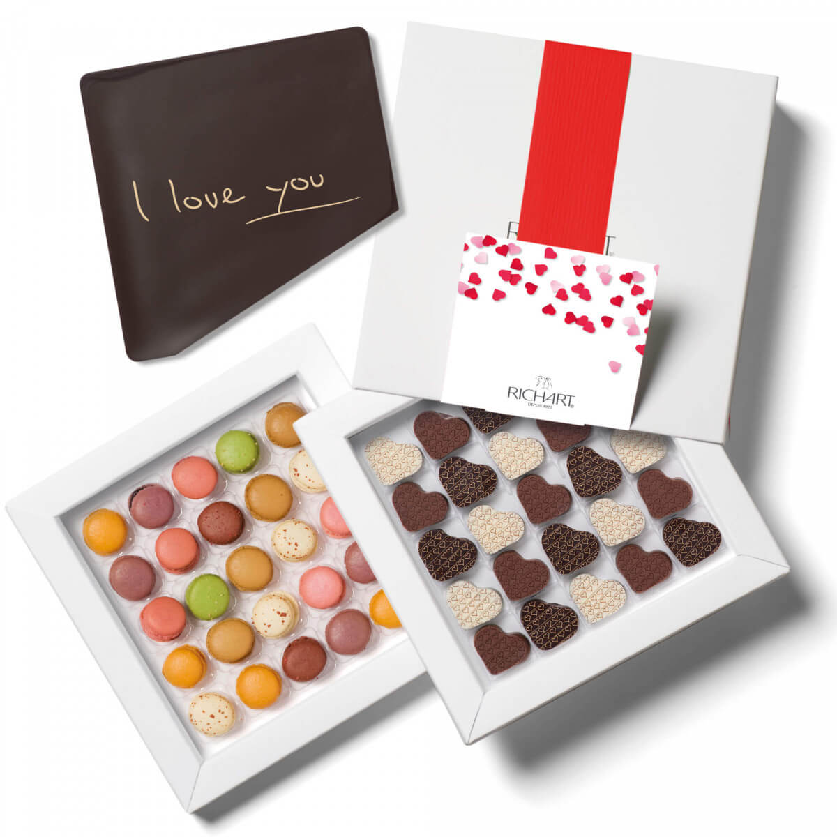 Gift Gourmet Box "I Love You" 50pc. Heart-shaped chocolates (x25), French Macarons (x25) and a chocolate card "I love You". Handcrafted in France