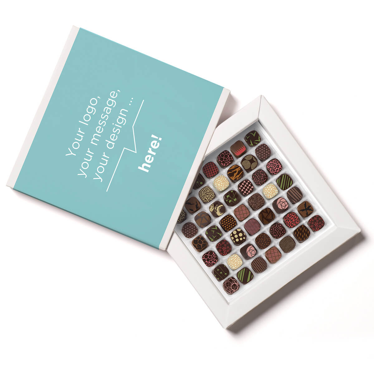 Customizable chocolate corporate gifts Wide variety of gourmet chocolates in a personalized box