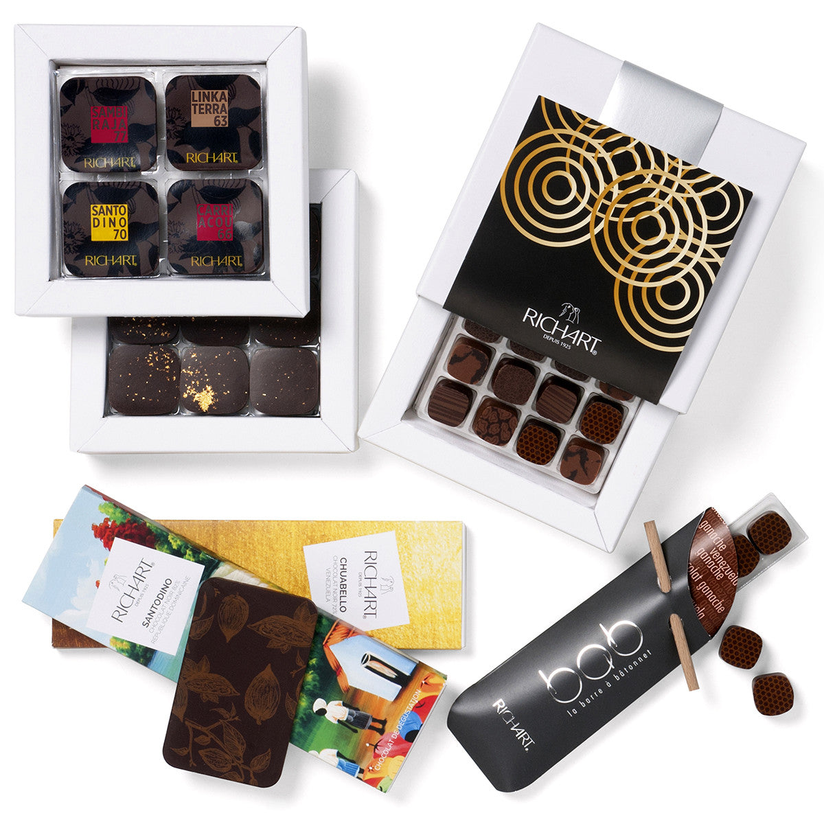 Intense Dark Chocolate Gift Basket 44 pieces. Assortment for dark chocolate lovers. Silky ganaches, chocolate bars, dark chocolate squares.
