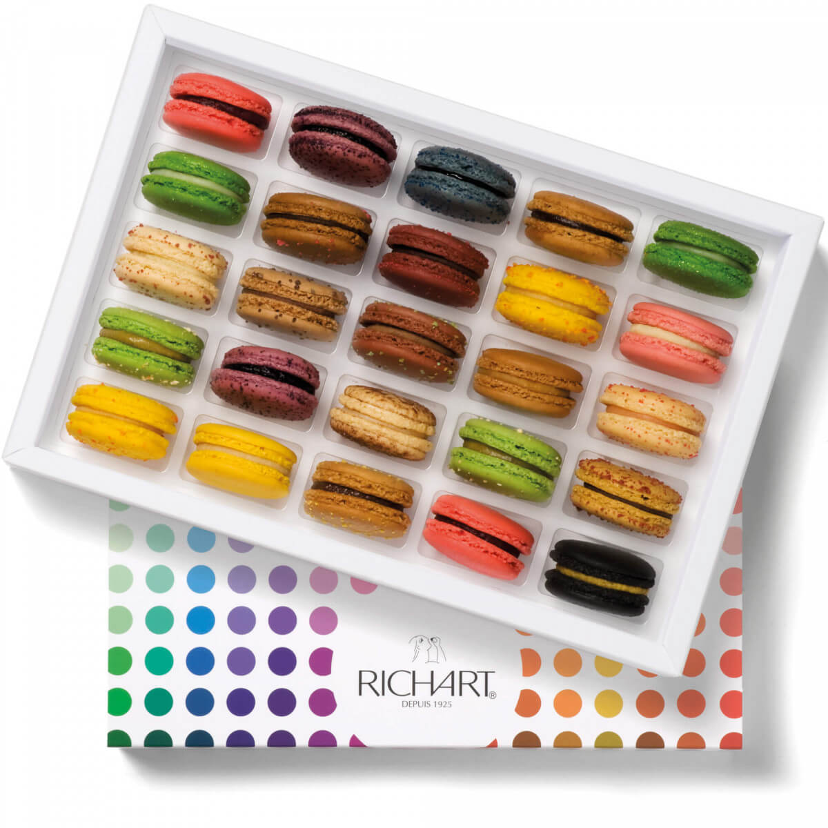 Box of 25 French Macarons Raspberry, Chocolate, Caramel, Pistachio, Orange, Mango, Vanilla, Rose, Coconut etc. Handmade in France
