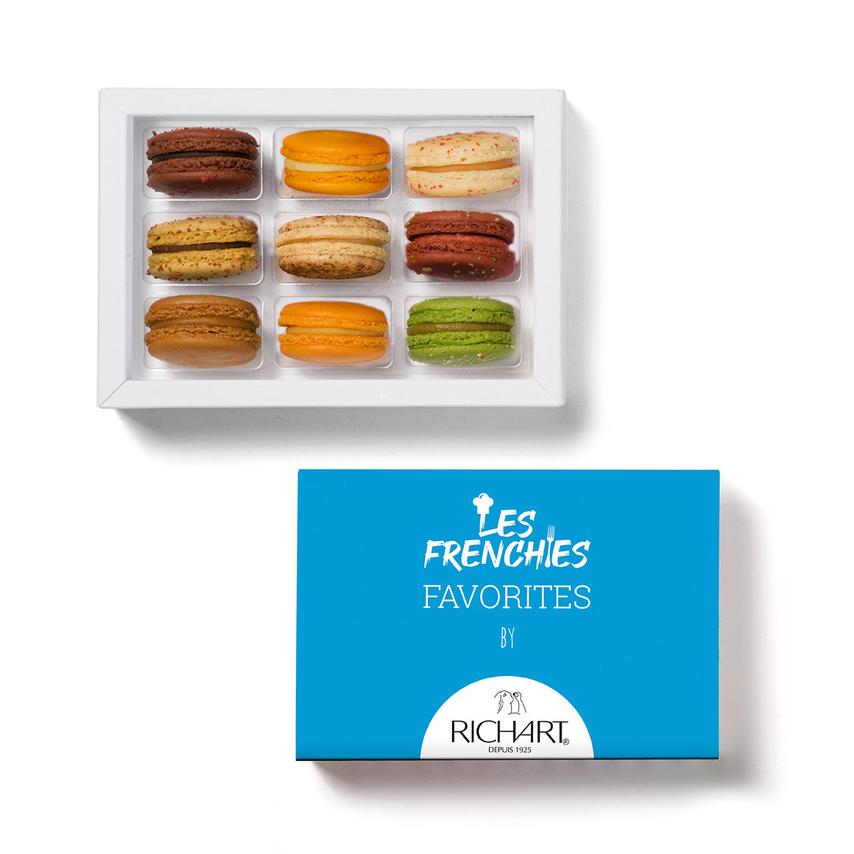 Luxury box of macarons, 9 macarons selected by Les Frenchies. High-end gourmet products presented in an elegant gift box.