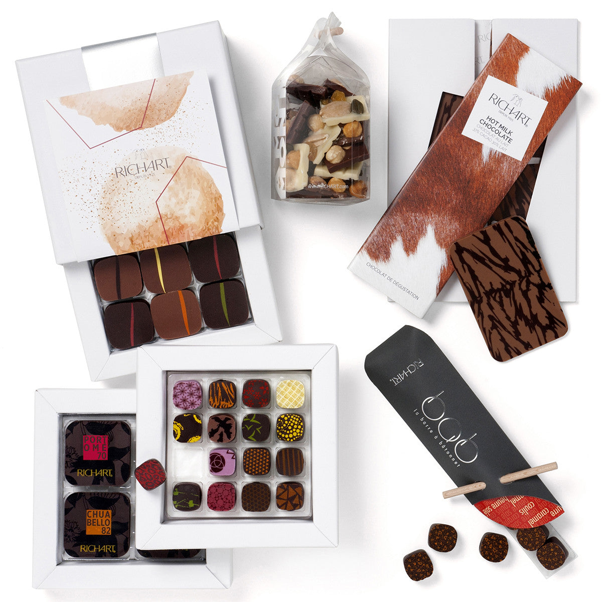 Chocolate Gift Basket 44 pieces. Assortment of Petit Richart and Rendez-vius Chocolates, Ultra-Fines, Chocolate Bar and Mendiants.