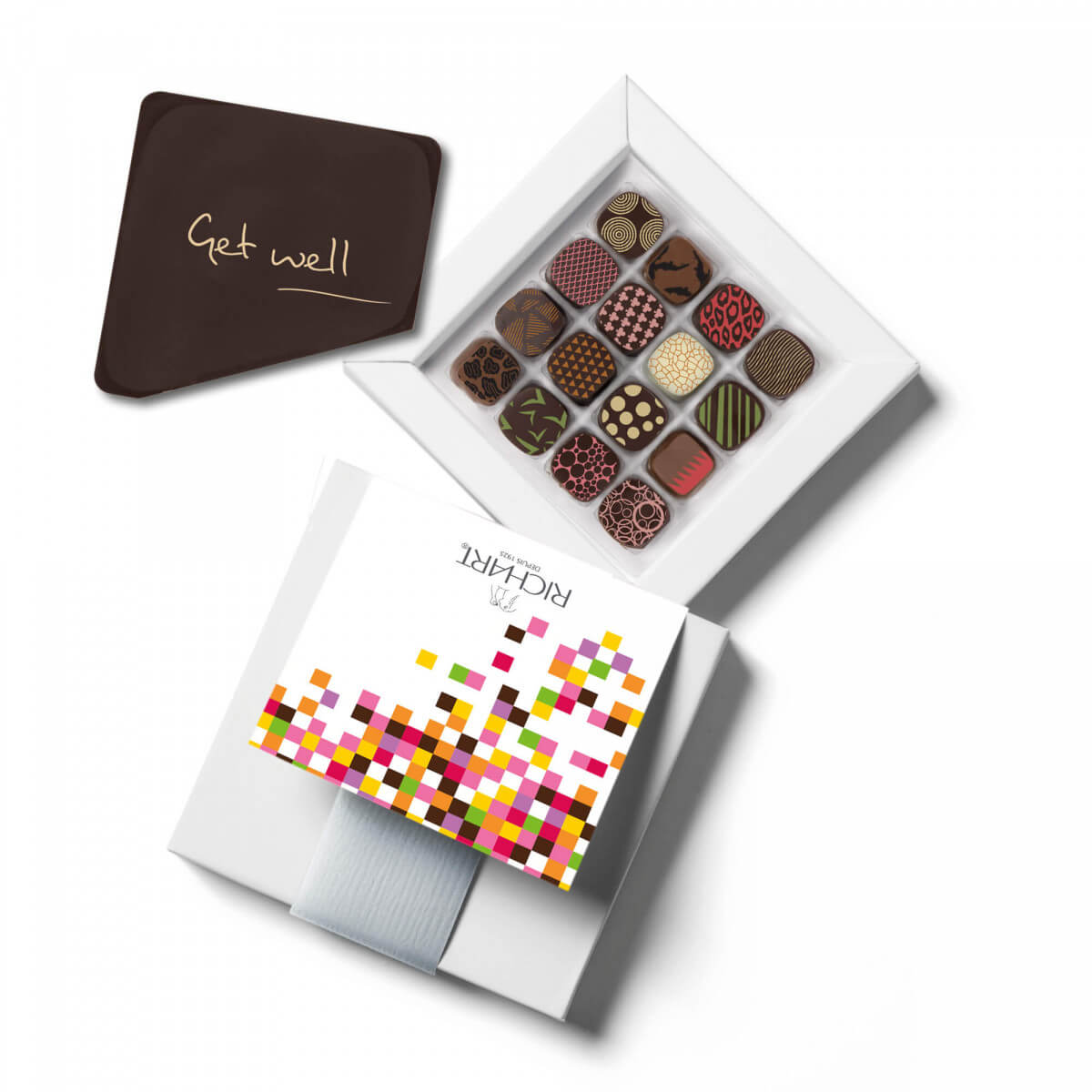 Chocolate Box "Get Well". 16 filled chocolates + a 'Get Well" Chocolate Card. French chocolatier RICHART. Traditional and exotic flavors.