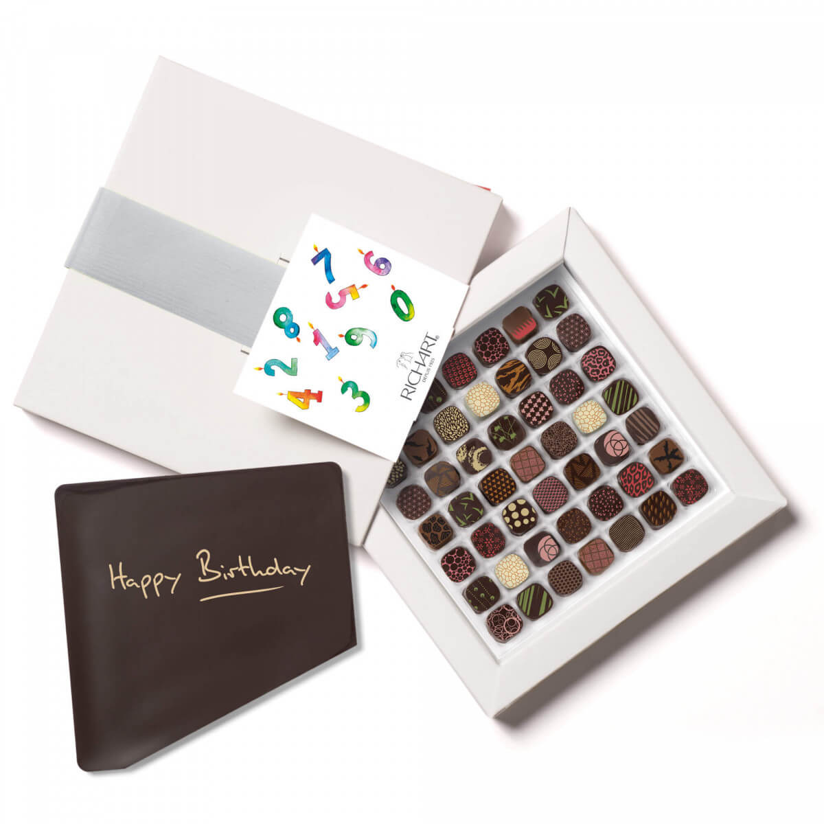 Happy Birthday Gift Basket 49 Chocolates + 1 "Happy birthday' Chocolate Card. Creation of the French chocolatier Richart.