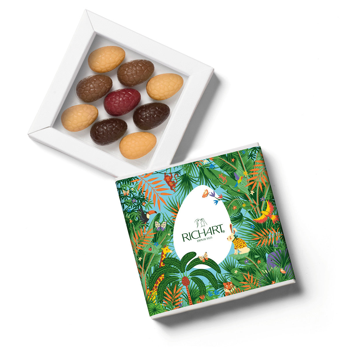 Easter gift box, 9 filled chocolate eggs. High-end gourmet chocolates presented in an elegant gift box.