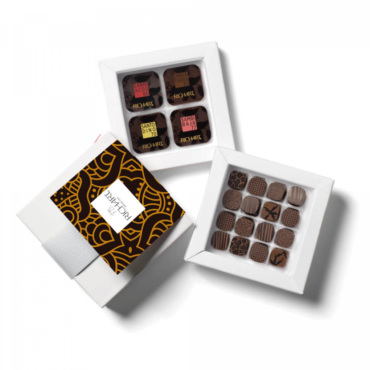 Box of 16 Dark Chocolate squares + 16 ganache Chocolates.. A voyage to the origins of cocoa with silky ganaches and thin dark chocolates squares.