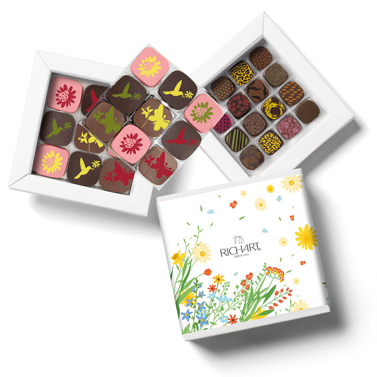 Springtime box, 34 chocolates. High-end gourmet chocolates presented in an elegant ballotin.