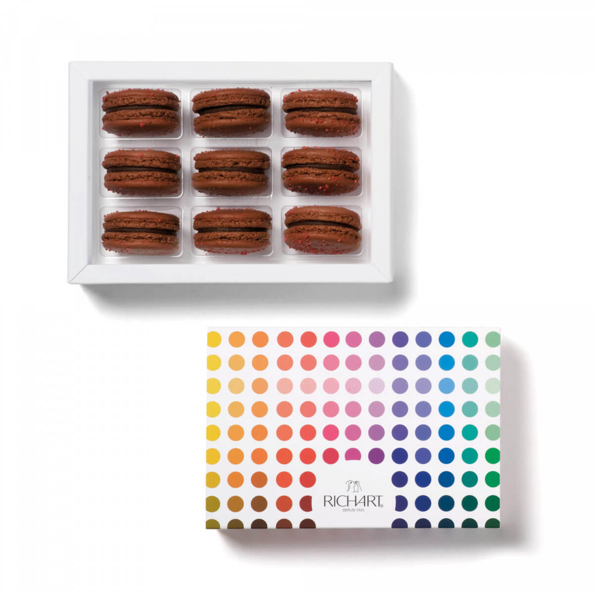 Box of 9 Chocolate French Macarons. Crisp shells garnished with soft dark chocolate ganache. Handmade in France
