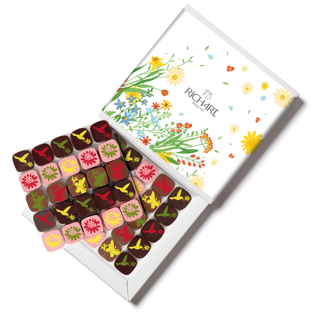 Springtime box, 50 chocolates. High-end gourmet chocolates presented in an elegant ballotin.
