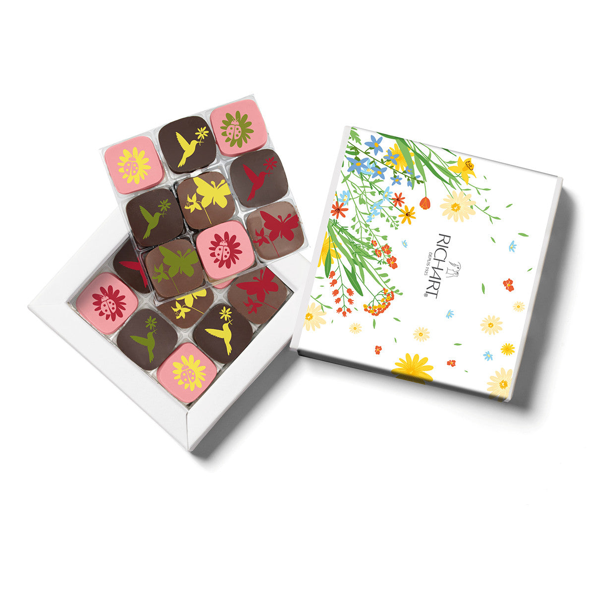 Springtime box, 18 chocolates. High-end gourmet chocolates presented in an elegant ballotin.