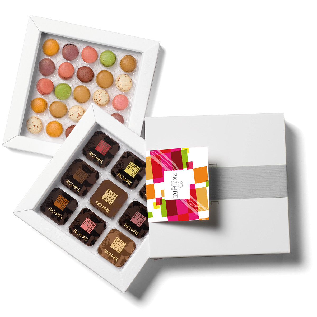 Box of gourmet treats, 36 plain chocolates and 25 mini-macarons. High-end products presented in an elegant gift box.