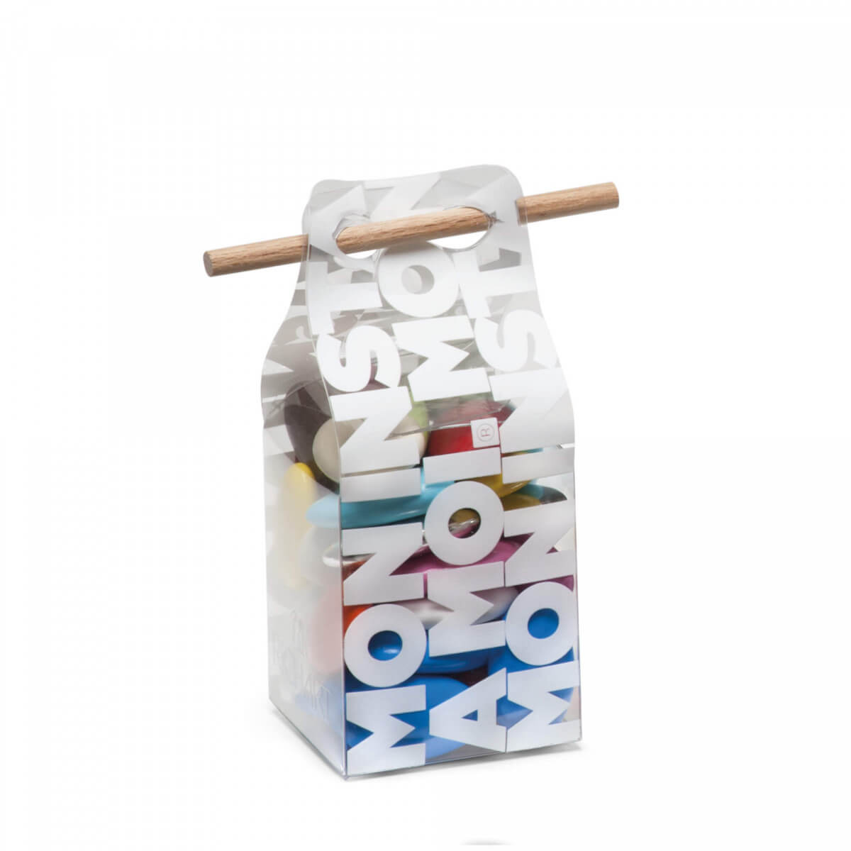 Box of dragees. Multi-color assortment of Avola almonds and dark chocolate 70% cocoa dragees.