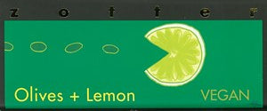 Green label with olives and lemon illustration and 'Vegan' text on a black background