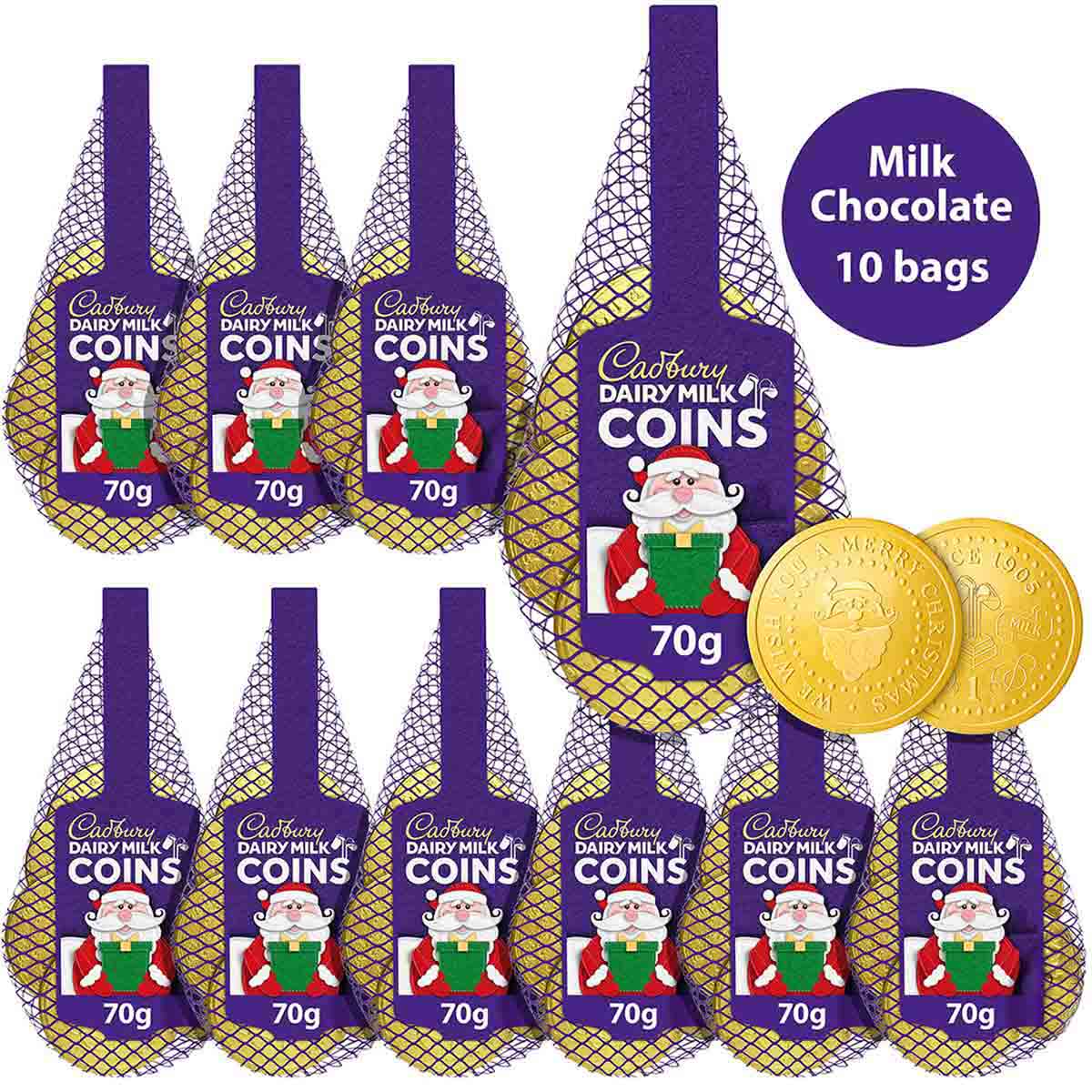 Cadbury Dairy Milk Chocolate Christmas Coins Bag 70g (Pack of 10)