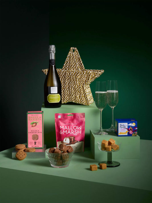 John Lewis Bubbles & Treats Gift Basket - paired with a selection of gourmet sweet treats, House of Fudge Caramel & Sea salt Fudge and Monty Bojangles Cookie Moon Truffles