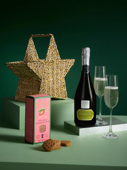 John Lewis Bubbles & Treats Gift Basket - paired with a selection of gourmet sweet treats, House of Fudge Caramel & Sea salt Fudge and Monty Bojangles Cookie Moon Truffles
