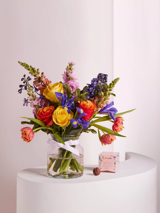 Spring Burst Hand Tied Bouquet, Vase & Chocolates